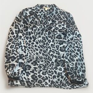 Michael Kors Black and White Animal Print Blouse with Bow and puff sleeves sz XL